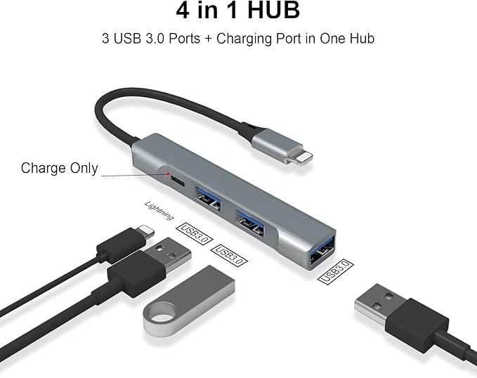 Lightning to USB Hub [Apple MFi Certified] 4-in-1 USB OTG Hub with 3 USB3.0 Port and Fast Charging Port for iPhone/iPad Compatible with Microphones/Flash Drive/Keyboard/Mouse/Sound Card