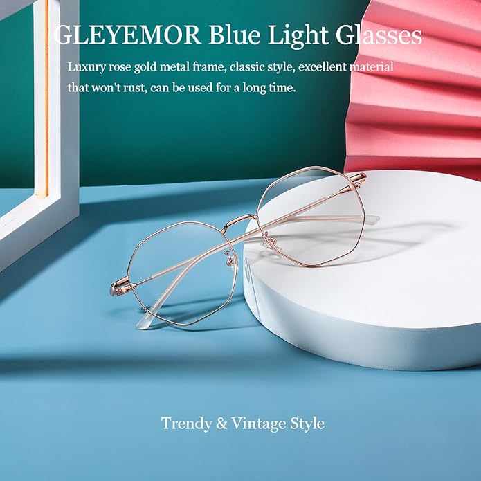 Gleyemor Blue Light Glasses for Women Men Vintage Octagonal Metal Gold Frame Computer Glasses
