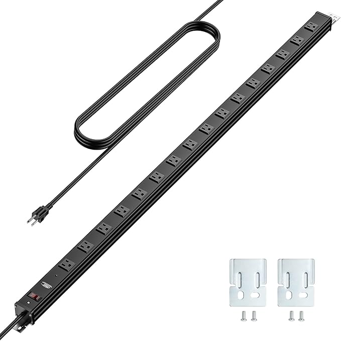 CRST 16-Outlet Long Power Strip, 15FT 1800J Heavy Duty Surge Protector with Wide-Spaced Outlets,15A Overload Protection, ETL Listed, Wall Mountable Metal Industrial Power Strip for Garage Workshop