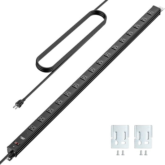 CRST 16-Outlet Long Power Strip, 15FT 1800J Heavy Duty Surge Protector with Wide-Spaced Outlets,15A Overload Protection, ETL Listed, Wall Mountable Metal Industrial Power Strip for Garage Workshop