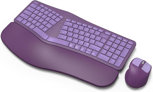 MK960 Ergonomic Wireless Keyboard Mouse Combo, Bluetooth/2.4G Split Design Keyboard with Palm Rest and 4 Level DPI Adjustable Wireless Mouse Multi-Device, Rechargeable, for Windows/Mac/Android(Purple)