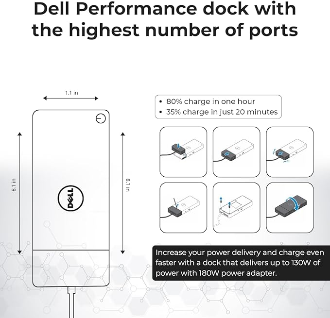 WD19S Docking Station 180W (130W Power Delivery) - Docking Station Dual Monitor, Dock Station with 180W Power Supply + HDMI Cable + DisplayPort Cable + USB-C Cable + Microfiber Cloth (Renewed)