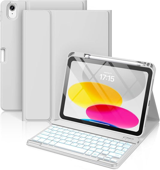 Hamile for iPad 11th 10th Generation Case with Keyboard - 7 Colors Backlit Wireless Detachable Folio Keyboard Cover with Pencil Holder for iPad A16 11-inch 2025 10th Gen 10.9 Inch 2022 (Light Gray)