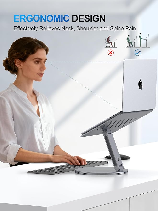 Adjustable Laptop Stand for Desk - 360° Rotating Ergonomic Riser with Aluminum Cooling Vents & Sturdy Construction for 10-16 Inch MacBook Pro/Air, Foldable Portable for Office & Home - Gray