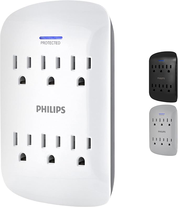 Philips 6-Outlet Extender Surge Protector, Wall Tap, 900 Joules, 3-Prong, Space Saving Design, Protection Indicator LED Light, ETL Listed, White, SPP3461WA/37