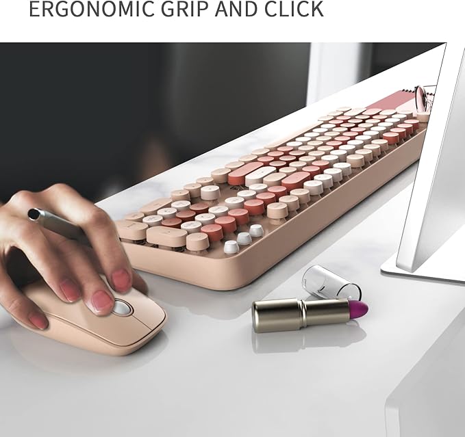 Wireless Keyboard and Mouse Combo,Retro Typewriter Keyboard with 104 Cute Colorful Round Keys,Brown Coffee keyboard and Mouse Set for Long Nail,2.4GHz Full Size Keyboard with 3 DPI Mouse for PC Laptop