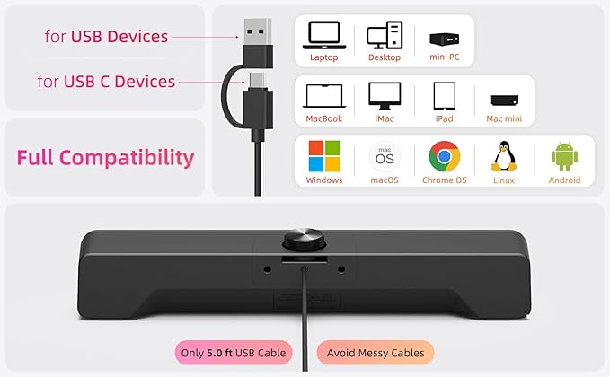 Computer Speakers Soundbar for Desktop PC Mac, USB Plug-in, Wired, External Speakers for Laptop Desk Monitor, RGB Gaming Sound bar with HD Stereo Loud Sound, Punchy Bass, Volume Knob, USB C Adapter