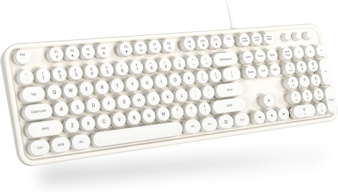 Computer Keyboard Wired, Plug Play USB Retro Round Typewriter Keyboard, Full Size Wired Keyboard with Foldable Stands for Laptop and Office PC