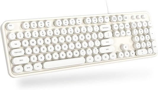 Computer Keyboard Wired, Plug Play USB Retro Round Typewriter Keyboard, Full Size Wired Keyboard with Foldable Stands for Laptop and Office PC
