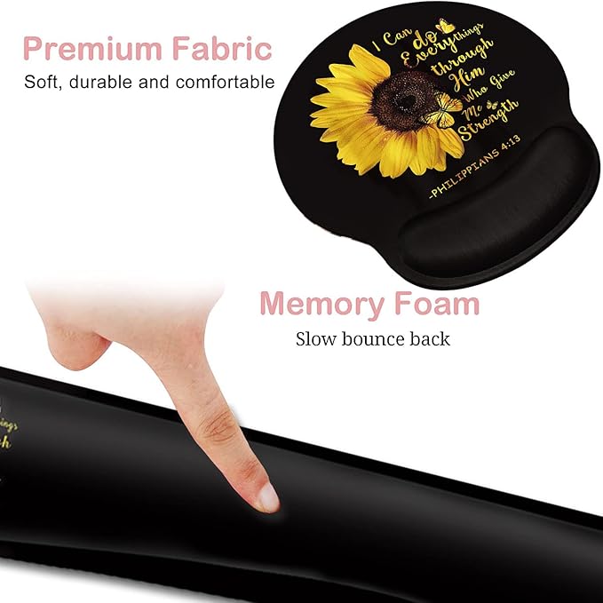 Keyboard Wrist Rest and Mouse Pad with Wrist Support, Ergonomic Gel Mouse Pad Coaster, Easy Typing Pain Relief, Memory Foam Keyboard Mousepad Set,Bible Verse Philippians 4:13 Sunflower