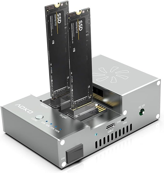 AOKO M.2 NVMe/SATA SSD Cloner with Cooling Fan，USB-C 10Gbps NVMe Clone Docking Station,SSD to USB Adapter&Reader,PCIE NVMe/NGFF Duplicator Supports Offline Clone, UASP and Trim