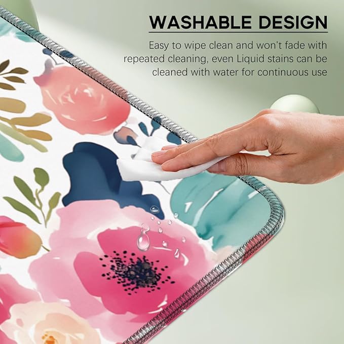Pink Floral Mouse Pad 31.5x11.8 Inch, Women Girls Flowers Lager Desk mat with Non-Slip Base, Micro-Woven Fabric Stitched Edges for Office Computer Gaming