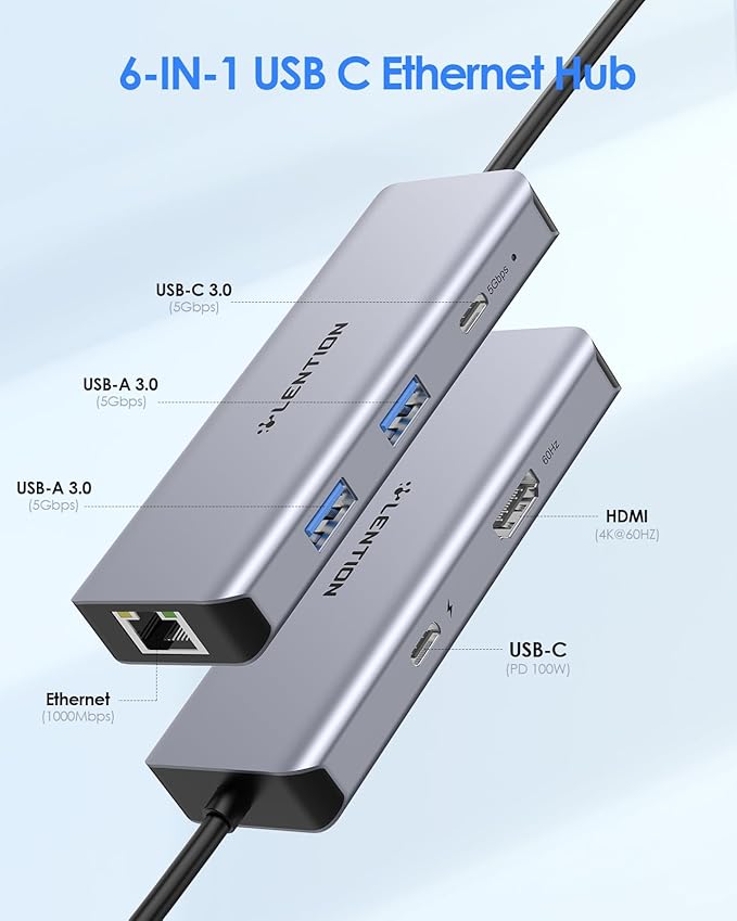 LENTION 6-in-1 USB C Hub with Gigabit Ethernet, 4K@60Hz HDMI, 100W PD Fast Charging, 3X USB 3.0 Docking Station for MacBook Pro/Air/Neo, Dell XPS, HP and More, Aluminum USB-C Adapter (C26, Space Gray)