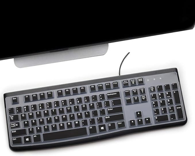 2 Pack Keyboard Cover for Logitech K120 & MK120 Ergonomic Desktop USB Keyboard, Logitech K120 & MK120 US Layout Waterproof Anti-Dust Keyboard Skin-Black+Clear