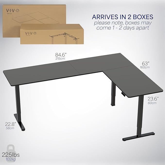 VIVO Corner Standing Desk, 84 x 63 inch Reversible L-Shaped Workstation, Electric Height Adjustment, Home, Office, and Reception Rooms, Black Table Top Black Frame, DESK-E3CTBB-84