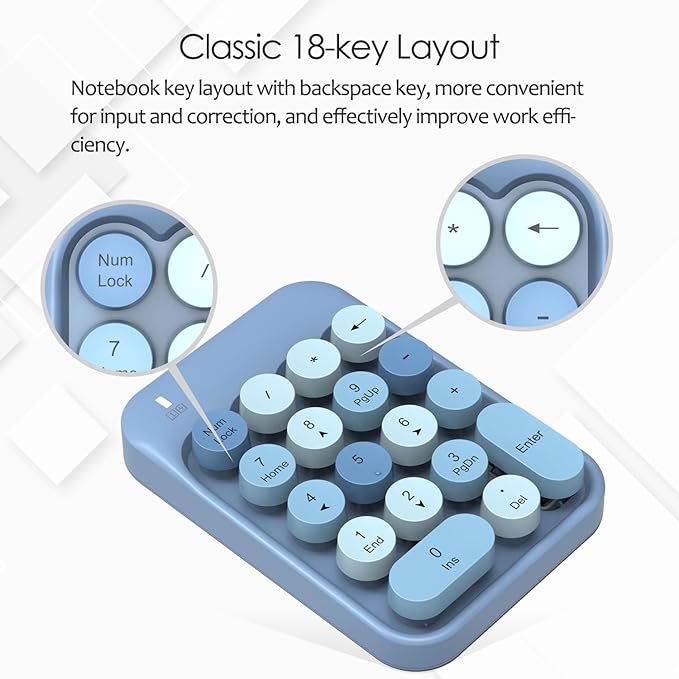 FELICON Wireless Numeric Keypad 18 Keys with 2.4G Mini Portable Silent Number Pad USB Receiver Financial Accounting Keyboard Extensions for Laptop Desktop PC Pro（Blue Mix）