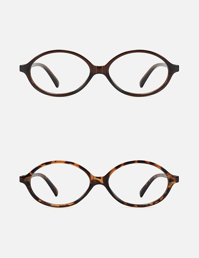 Slocyclub 2 pack Fashion Oval Glasses for Women Men Vintage Oval Small Frame Eyeglasses Retro Blue Light Blocking Glasses, Brown and Whiskey Tortoise