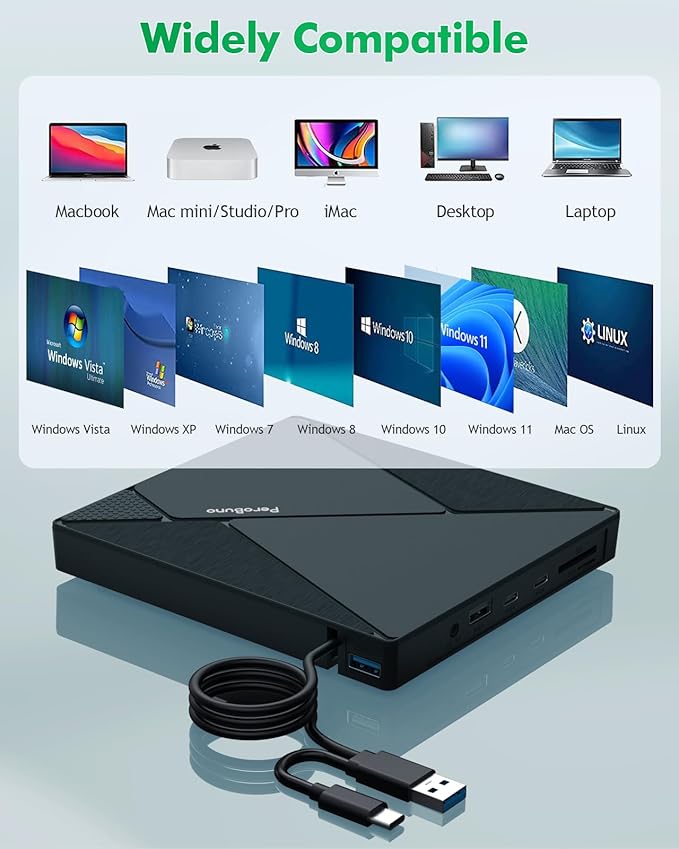 PeroBuno External CD DVD Drive, USB 3.0 Optical Disc Drive, 4 USB Ports and 2 TF/SD Card Slots, CD DVD Burner Writer Reader Player for Laptop MacBook PC Windows 11/10/8/7 Linux OS with Carrying Case