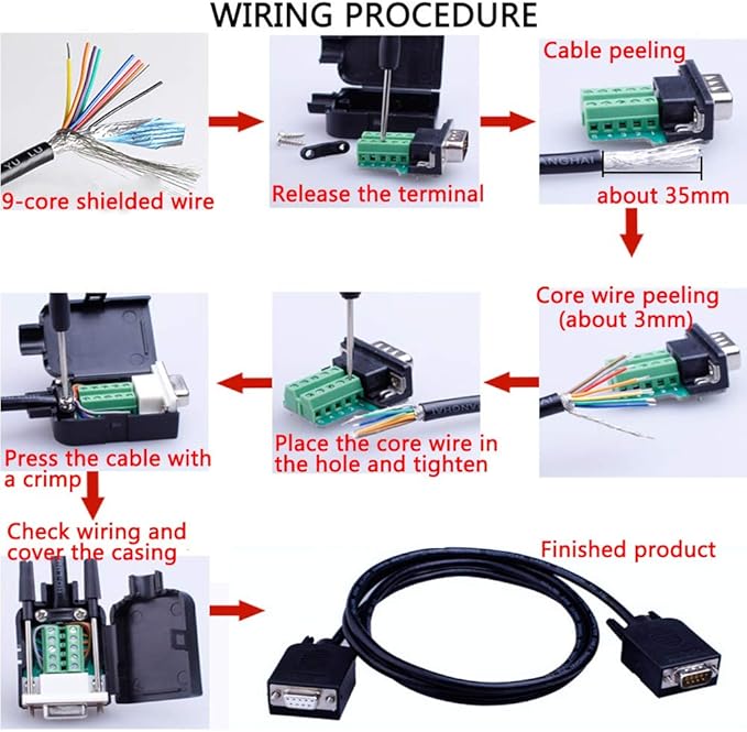 10PCS DB9 Female Breakout Connector,DB9 Solderless RS232 D-SUB Serial to 9-pin Port Terminal Adapter Connector Breakout Board with Case Long Bolts Tail Pipe
