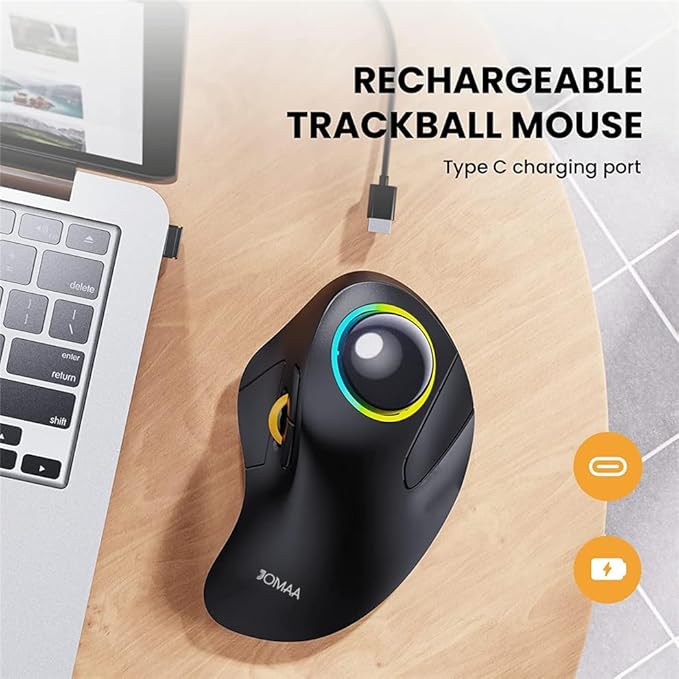 JOMAA Wireless Bluetooth Computer Trackball Mouse with RGB Backlight,Finger Control, 3 Device Switch, Silent Rechargeable Ergonomic Drawing Office Mouse for Laptop, Desktop Computer, Tablet Phone