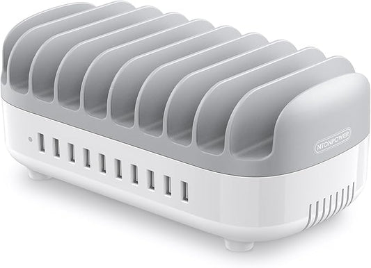 10 Ports Charging Station for Multiple Devices, 120W iPad Charging Station Organizer, USB Charging Docking with Cooling Fan, for iPhone, for iPad, Tablet, Kindle, ETL Listed (White)