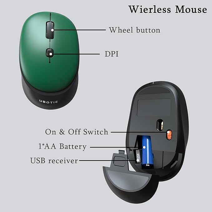 Colorful Wireless Computer Keyboards Mouse Combos, UBOTIE Polychrome Round Keycaps Retro PC Keyboards 2.4GHz Radio Frequency Connection with Optical Mouse Power Switch (Green-Black)