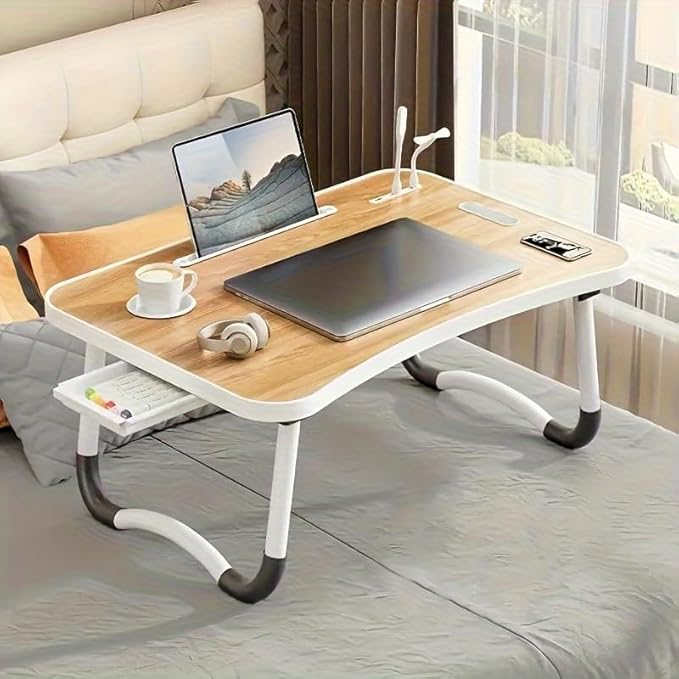 Portable Foldable Laptop Bed Table with 3 Port USB, Storage Drawer and Cup Holder, Laptop Desk Stand Tray for Eating, Reading and Working (Peach Wood)
