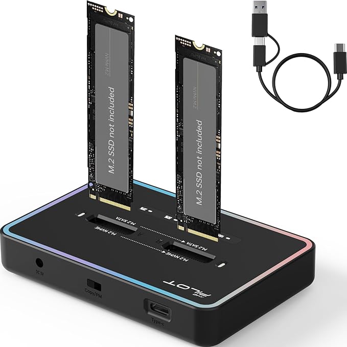 M.2 Duplicator Cloner Dual-Bay Offline USB C to NVME SATA Docking Station, M.2 Reader 20Gbps for Both (M Key, B+M Key) PCIE NGFF Dock, Size 22110 2280 2260 2242 2230 Enclosure - NN/SS RGB