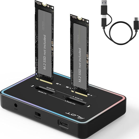 M.2 Duplicator Cloner Dual-Bay Offline USB C to NVME SATA Docking Station, M.2 Reader 20Gbps for Both (M Key, B+M Key) PCIE NGFF Dock, Size 22110 2280 2260 2242 2230 Enclosure - NN/SS RGB