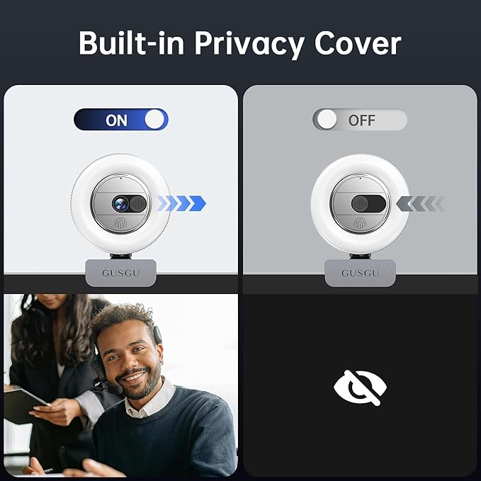 GUSGU 2K QHD Webcam with Microphone and Ring Light, G910 Web Camera Privacy Cover, USB Plug&Play Computer Camera for PC/Desktop/Laptop/Mac, Streaming Camera for Video Conferencing