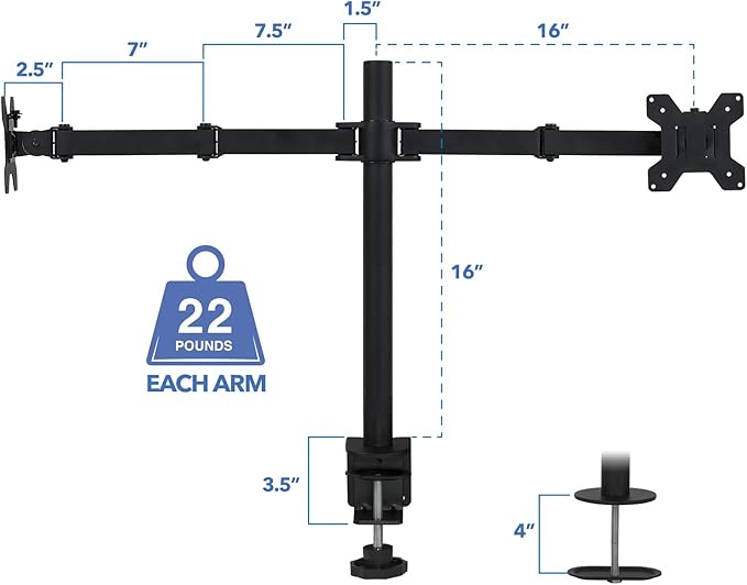 Mount-It! Dual Monitor Mount | Double Monitor Desk Stand | Interchangeable C-Clamp and Grommet Base | Two Heavy Duty Height Adjustable Arms Fit 2 Computer Screens 19 21.5 24 27 32 Inches | VESA 75 100