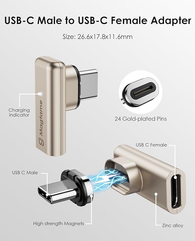 Magtame 240W Magnetic USB C Male to USB C Female Adapter 90 Degree Right Angle, 24Pin Type C Adapter Extender, 40Gbps 4K Video for USB 4 Cable Steam Deck, ROG Ally, Switch, PC, Tablet, iPhone 15