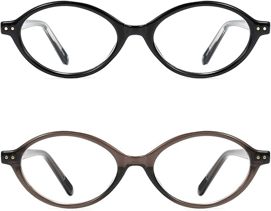 Slocyclub 2pack Oval Blue Light Blocking Glasses for Women Men, Small 90s Retro Oval Frame Bluelight Glasses for Gaming/Computer/Screen(Black and Crystal Smoky Brown)