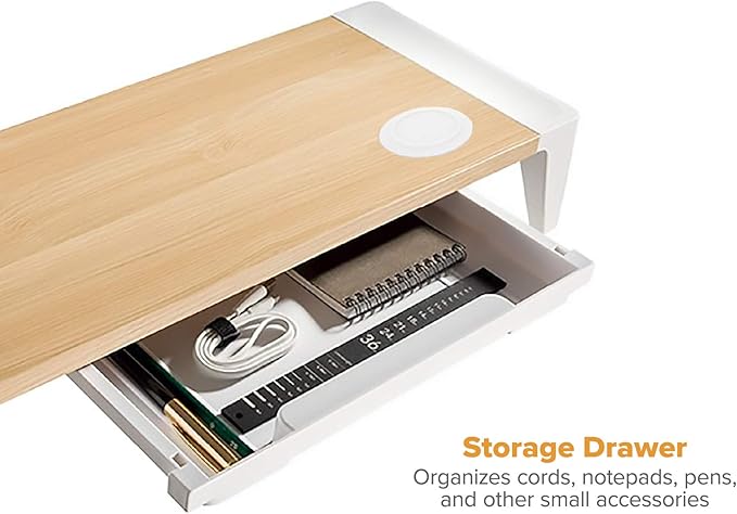 Bostitch Office Wooden Monitor Stand with Wireless Charging Pad, Drawer for Storage, Adjustable Height Riser Includes Removable Non-Skid Rubber Feet - Wood Grain and White (STND-2408WH)