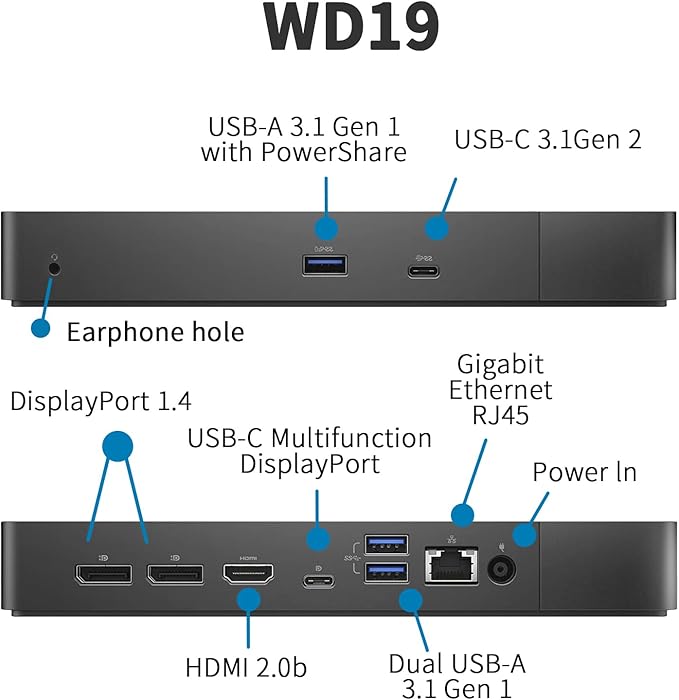 Dell Docking Station WD19 130W, Performance Dock WD19 with 130W Power Adapter + 90W Power Delivery + HDMI Cable + DisplayPort Cable