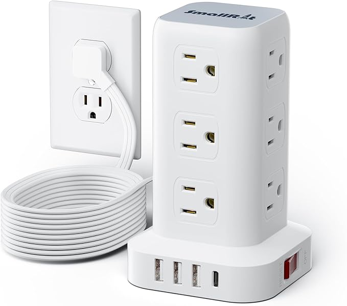 Extension Cord with Multiple Outlets, SMALLRT Flat Plug Surge Protector Power Strip Tower, Power Bars with USB 12 AC Outlets, 16.5FT Ultra Thin Extension Cord for Home Office, Overload Protection