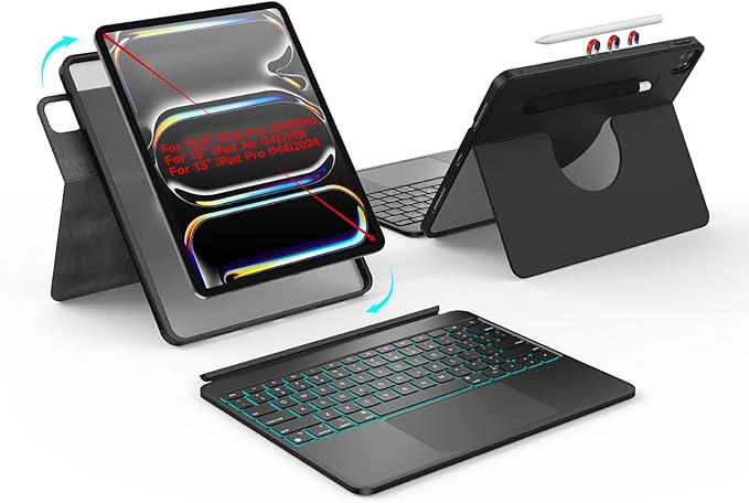 for iPad Air 13 inch M3 / M2 and iPad Pro 13 inch M4 and iPad Pro 12.9 (6th, 5th, 4th, 3rd Gen) 360° Rotatable Detachable Full Protect Magnetic Keyboard Case with Trackpad & 7 Backlits,Black