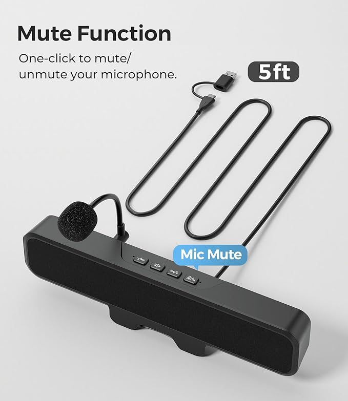USB Computer Speakers with Detachable Microphone, Plug and Play Desktop Speaker with Monitor Clip, Stereo Sound & Bass, Suitable for PC, PS5, Switch 2 and Laptop