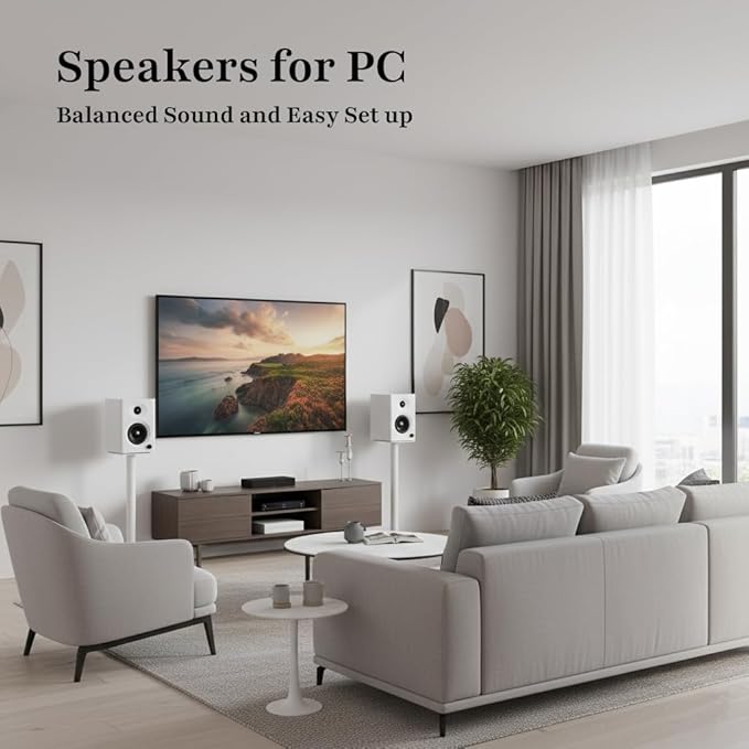 Desktop Speakers for PC, Bookshelf Speakers with Clear Highs & Punchy Bass - 4" Woofer, 80W Peak HiFi Audio for Monitor, Home Theater Sound System and Computer, White Pair