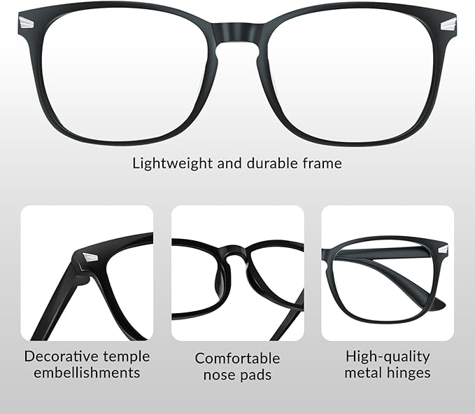 Blue Light Glasses for Woman Men | 99% Blue Light Blocking Glasses for Computer Gaming TV Phone Screen Square Frame | Anti Eyestrain & UV Glare Protection - 2 Pair