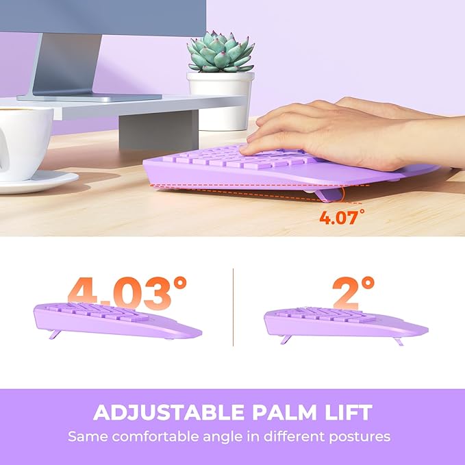 MEETION Ergonomic Keyboard Wireless, Multi-Device Bluetooth Keyboard, Full-Sized Rechargeable Split Computer Keyboards, Wrist Rest for Natural Typing, for Windows/Mac/Laptop/Table/PC, Purple