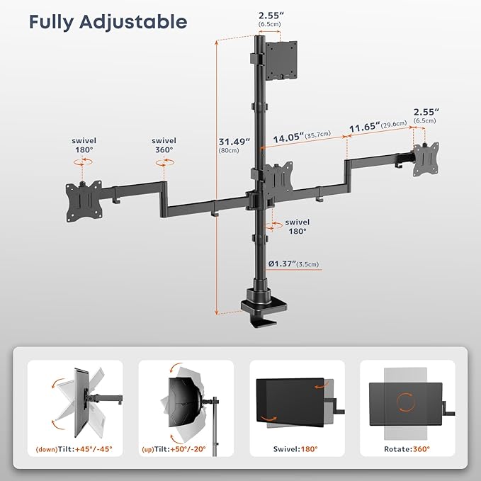 Quad Monitor Mount for up to 49 inch Ultrawides on Top and 27 inch Screens on Lower Brackets,Heavy Duty,Fully Adjustment, Holds up to 44 lbs, VESA 75x75/100x100 mm,Black