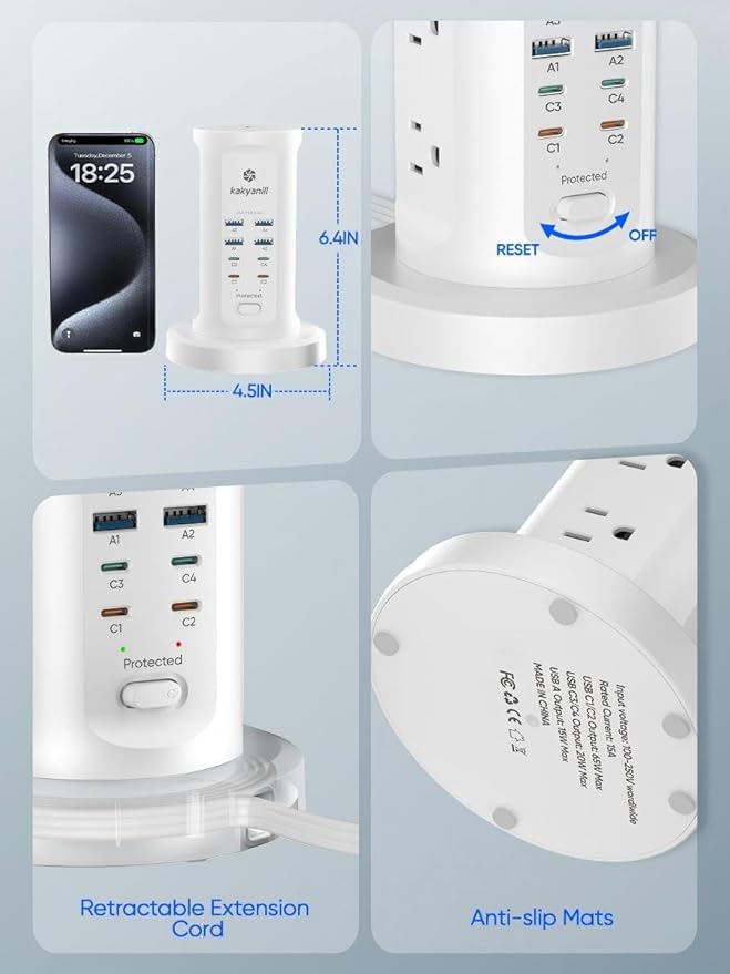 115W USB Charging Station, Surge Protector Power Strip Tower, 9 AC Outlets with 8 USB Ports(4 USB-C), 6Ft Flat Plug Retractable Extension Cord, for Home Office Dorm, White