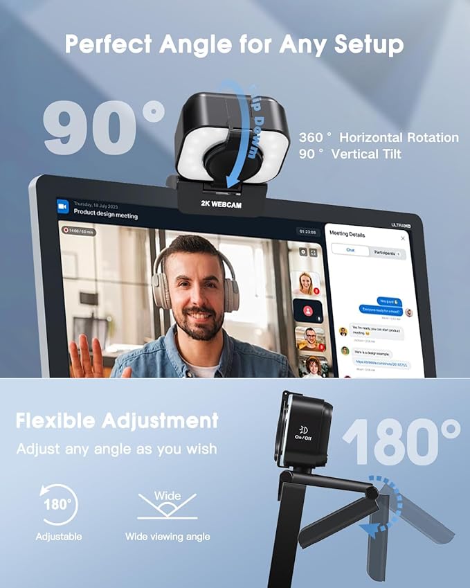 MELCAM 2K Webcam for PC, Web Camera with Microphone, Light, Privacy Cover, Plug and Play Autofocus USB Computer Camera for Laptop, Desktop, PC, Mac, Zoom, Skype, Meeting, Streaming(Black)