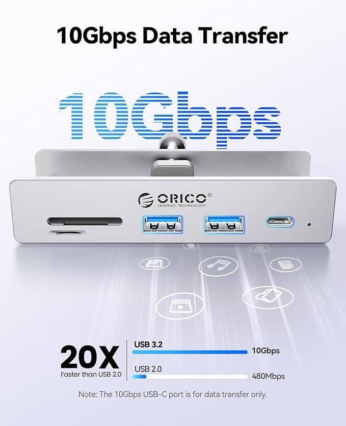 ORICO USB Hub 3.2, USB-Hub Clamp with Type-C PD 60W Port, 10Gbps Aluminum 6-Port USB Extender with 2 USB-A 3.2 Ports, USB-C 3.2, SD/TF Card Reader 3.0, AUX, USB-3.2 Splitter for Monitor, Desk