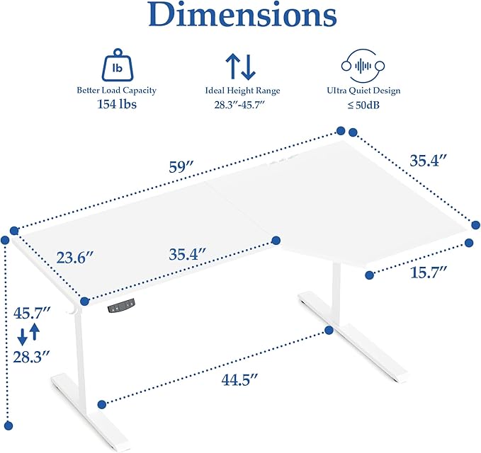 Klicelor 59 Inch L Shaped Standing Desk, Adjustable Height Corner Desk for Home Office Workstation, Sit Stand Desk with Two-Piece Desktop, White