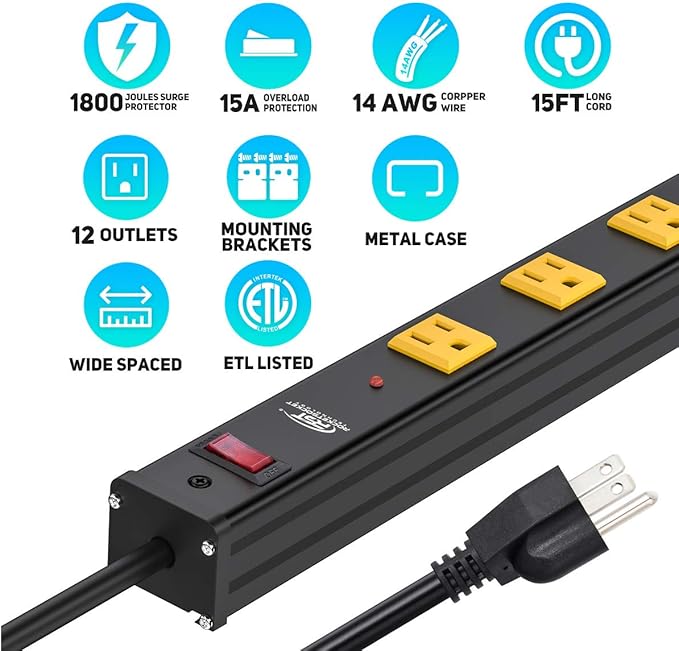 CRST Heavy Duty Surge Protector Power Strip Wide Spaced 12-Outlet 15 Feet Long Extension Cord with Mounting Brackets 15A Circuit Breaker 1800 Joules…
