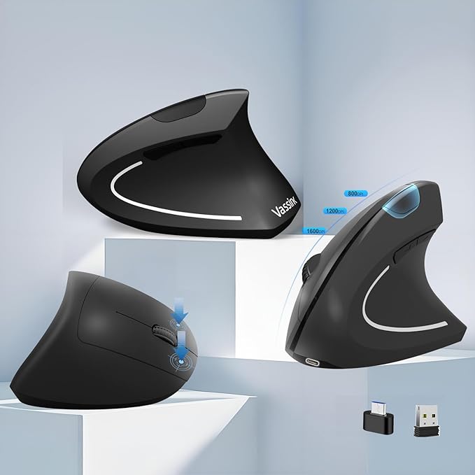 Vassink Ergonomic WirelessMouse, USB A+Type C(2 in 1) Connection, 800/1200/1600 DPI, 6 Silent Buttons, 2.4GHz Carpal Tunnel Rechargeable Vertical Mice, for Laptop, Desktop,MacBook-Black