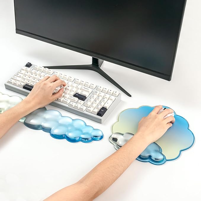 Keyboard Wrist Rest with Cloud Mouse Pad - Gradient Blue Ergonomic Cloud Mouse Pad with Non-Slip Base, Cute Office Accessories for Desktop/Latop/Home/Office