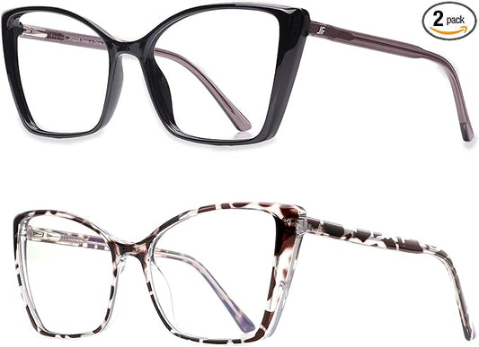 2 Pack Blue Light Blocking Glasses for Women, Oversized Trendy Cat Eye Computer Gaming Glasses Anti Glare & UV Glare RF6204 (Black + Leopard Cateye Frame)